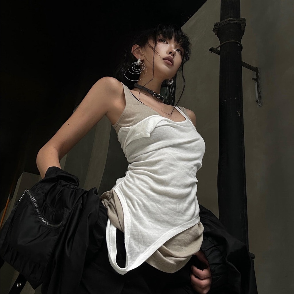 SOLD 💸WARDEN EDGE Streetwear 2 Piece Asymmetrical Tank Top XS White Taupe Khaki